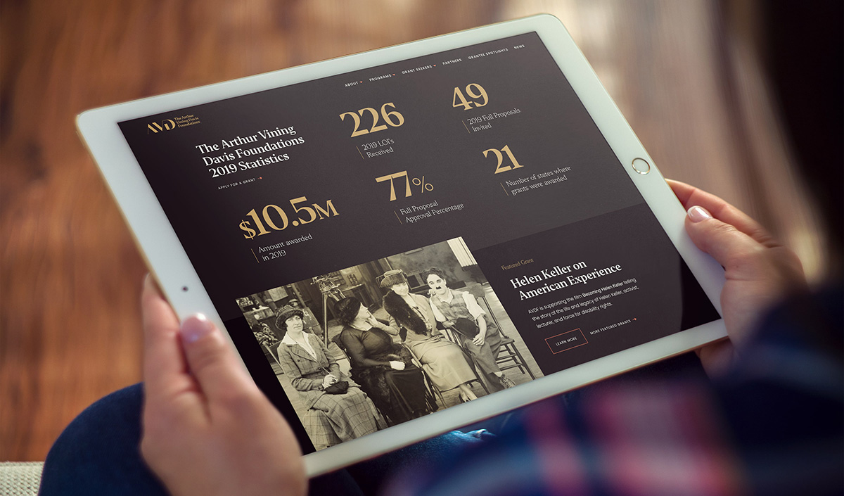 Responsive web design for Arthur Vining Davis Foundations shown on tablet