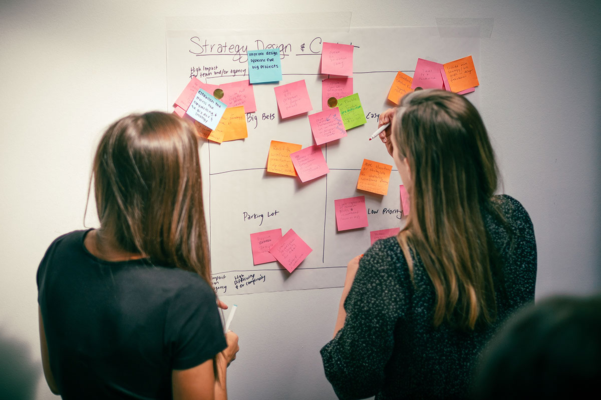 Push10 digital strategists at a white board with post-it notes