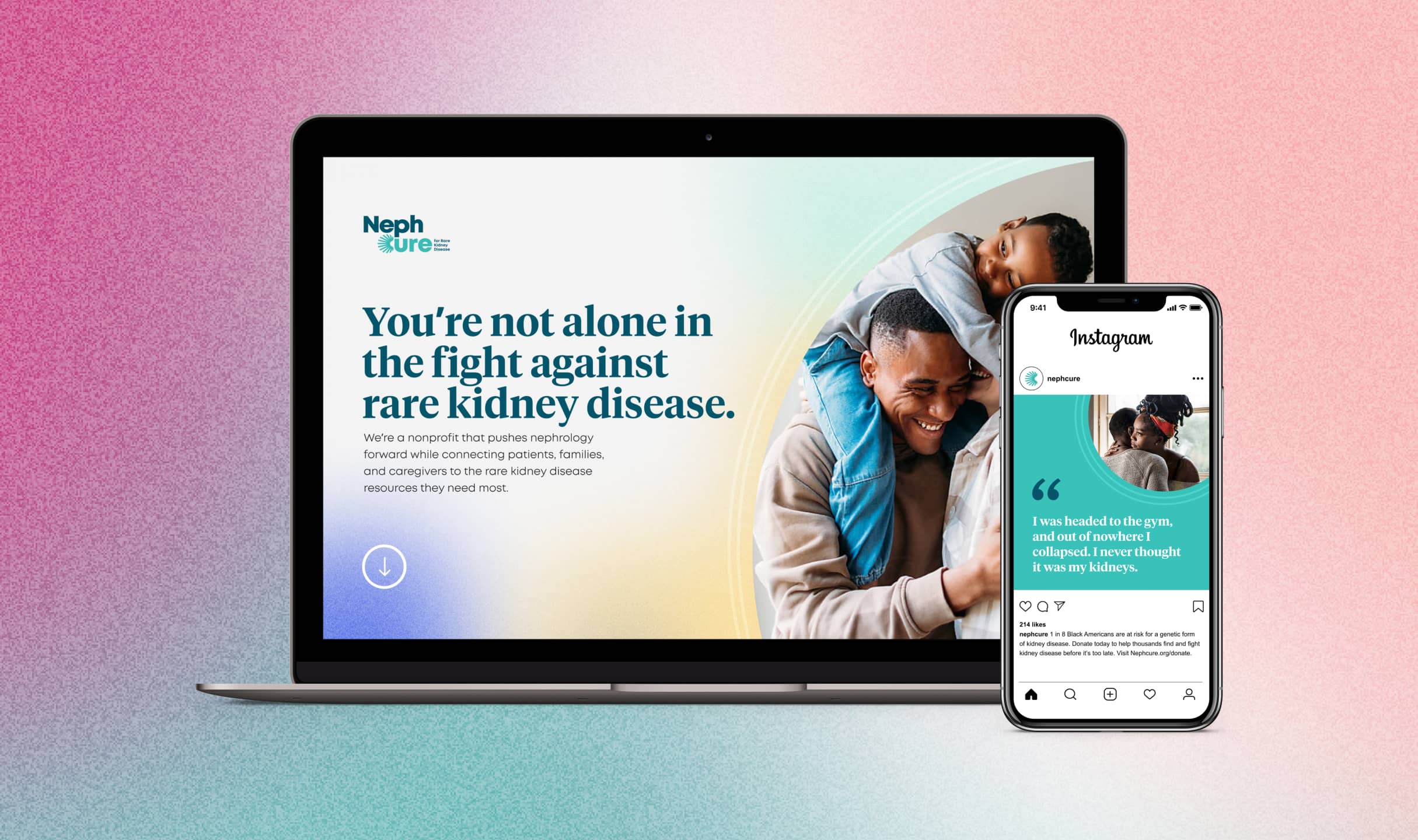 Nephcure's nonprofit website design featured on Laptop and mobile device.