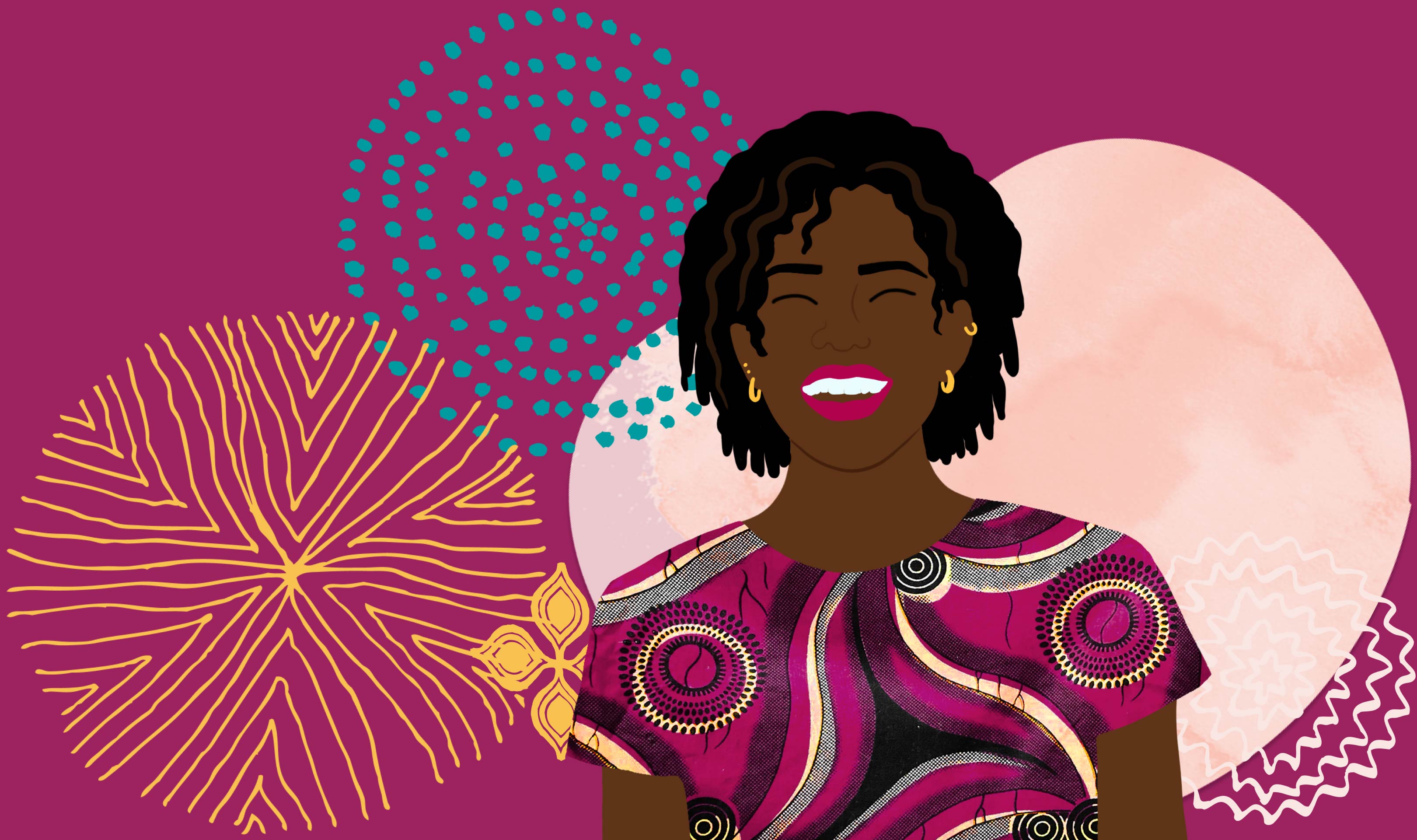 Raising Voices nonprofit banner image with illustrations - a woman smiling with background patterns