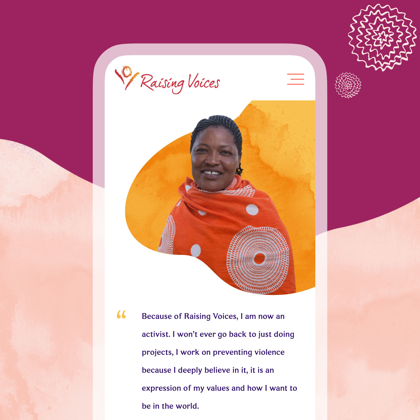 Raising Voices nonprofit web design testimonial page on mobile