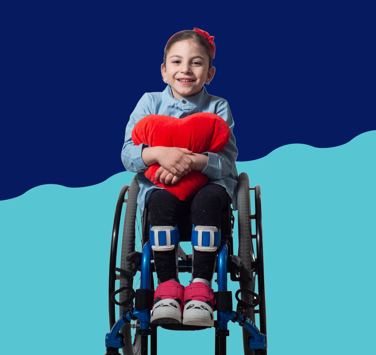 UHCCF branded image with a kid in wheelchair and a flowing graphic