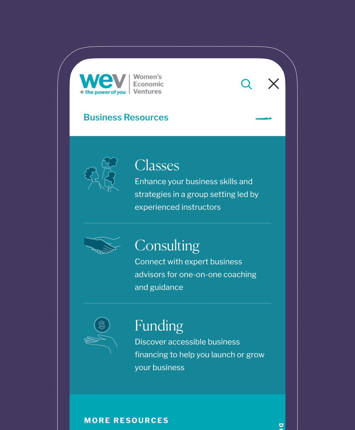 WEV nonprofit web design business resources page in mobile