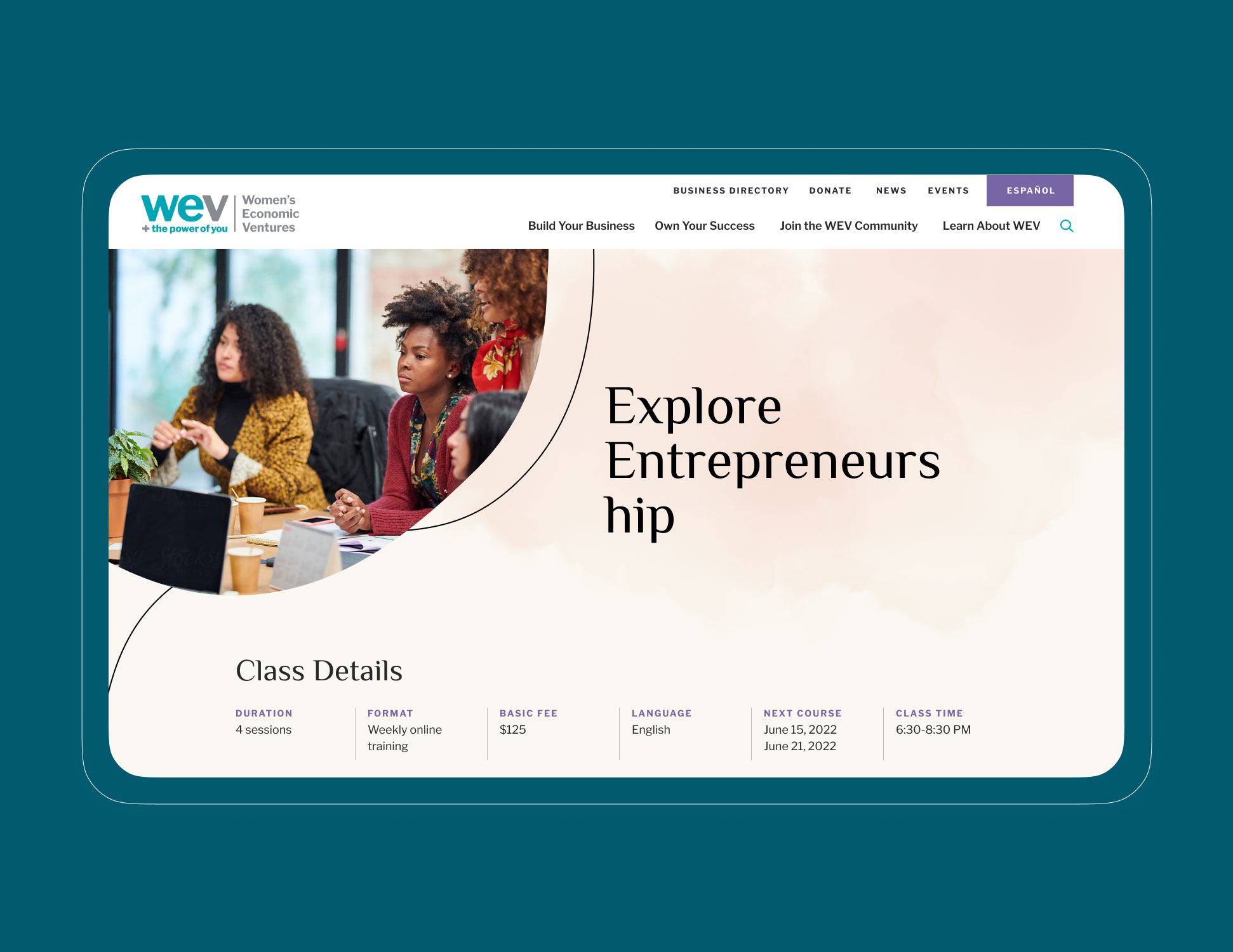 WEV nonprofit web design Explore Entrepreneurship page in tablet