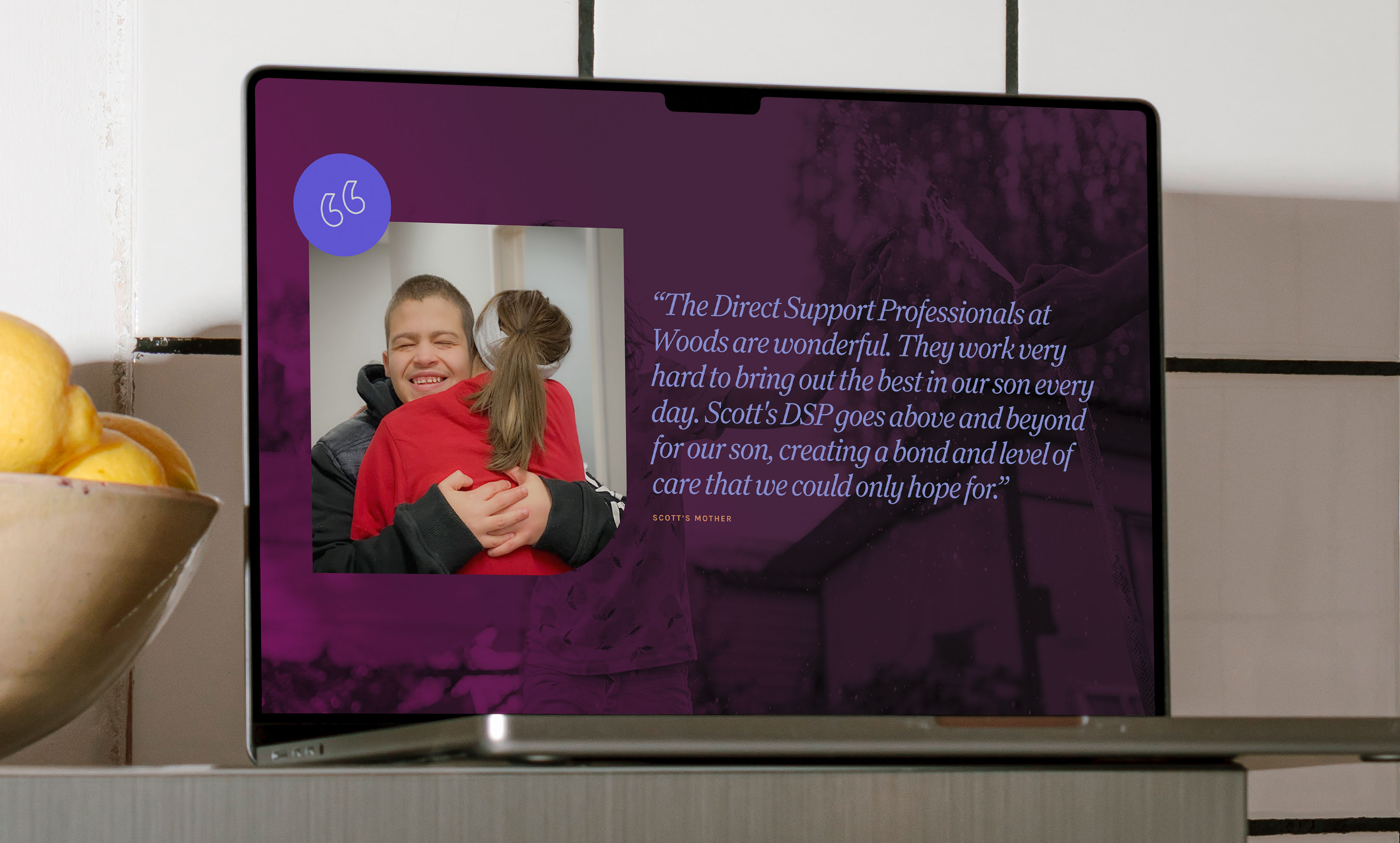 Wood nonprofit web design testimonial page in device mockup