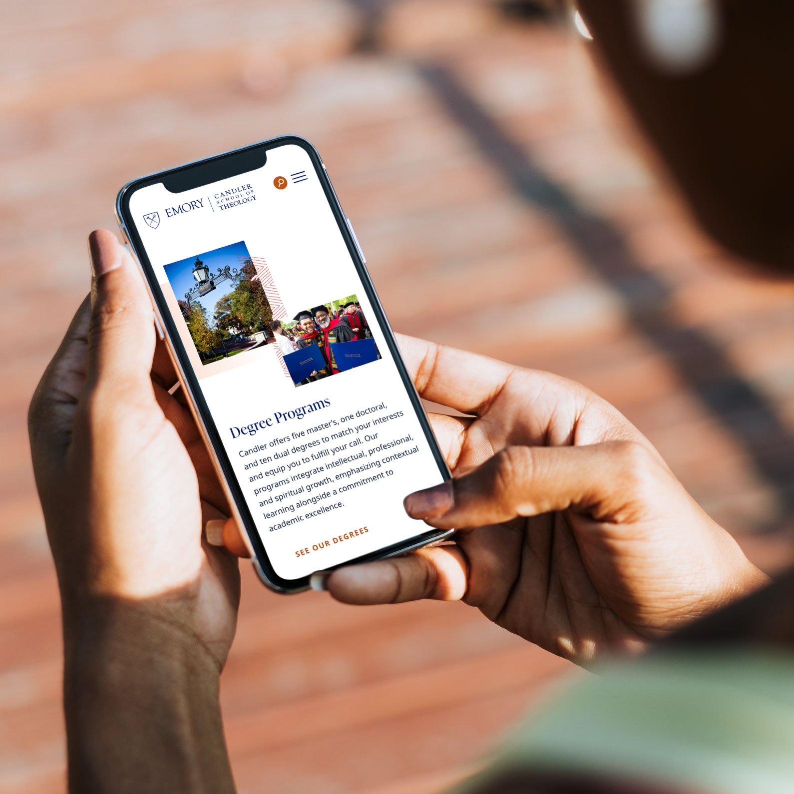 Candler School of Theology web design Degree Programs page in a mobile mockup