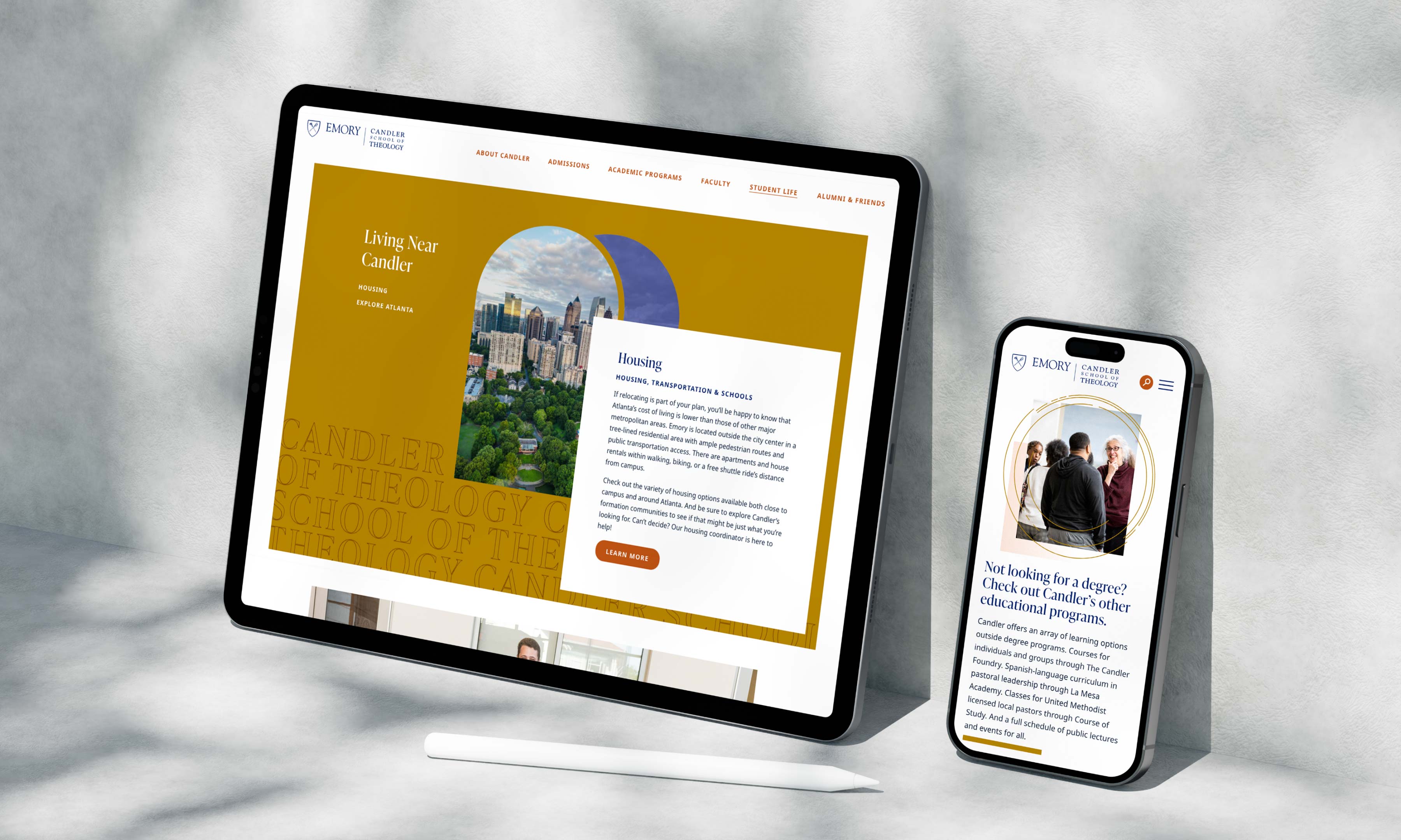 Candler School of Theology web design pages in a tablet and a iphone mockup