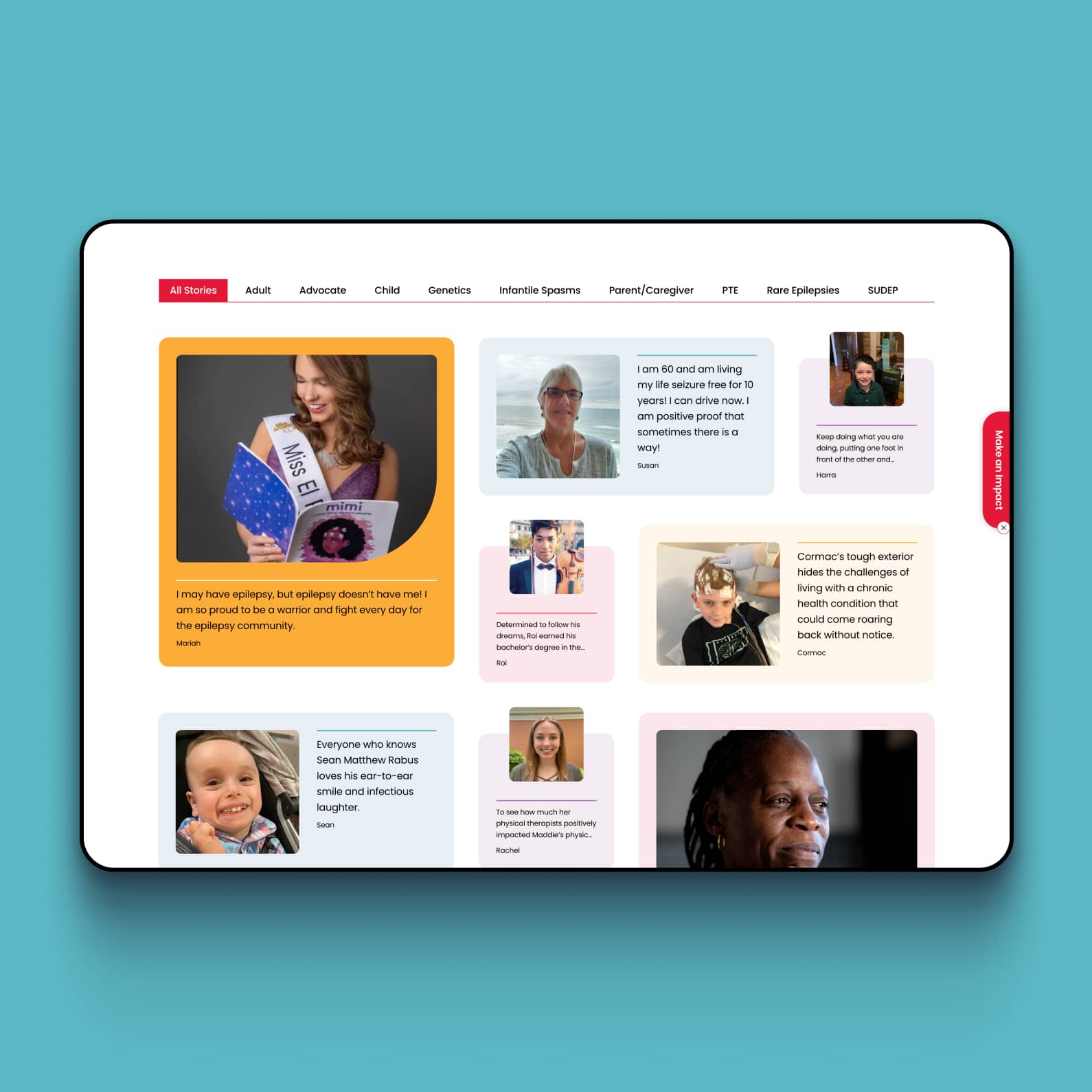 Patient Stories section designed for Cure Epilepsy's new website, mocked up on a tablet