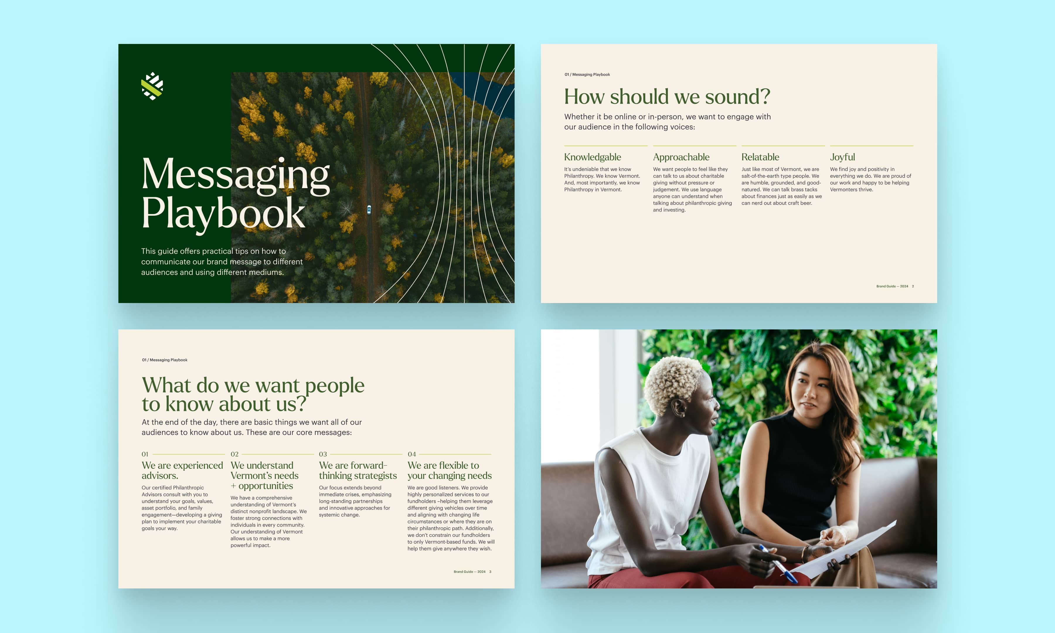 A series of pages from a brand messaging playbook created for Vermont Community Foundation