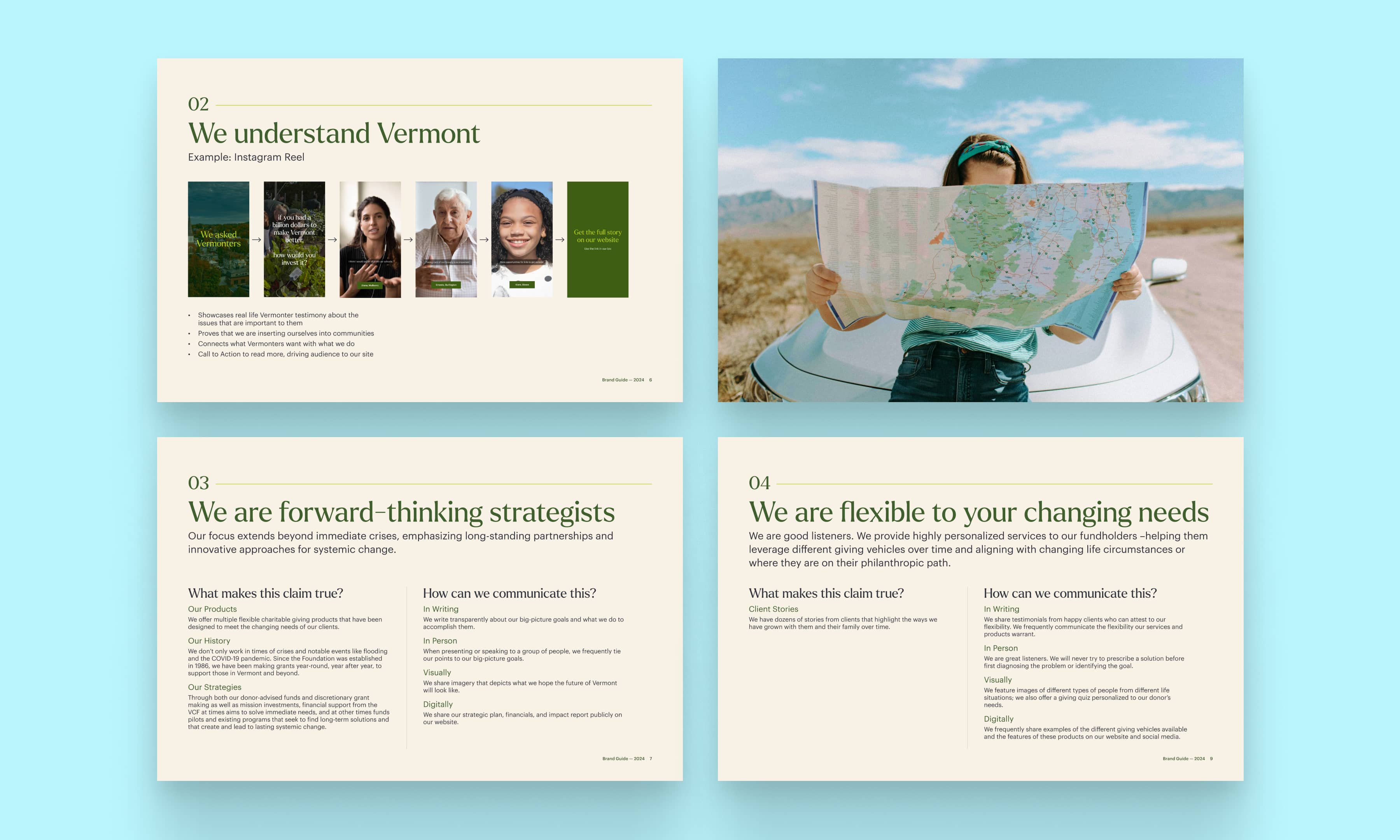 A series of pages from a brand messaging playbook created for Vermont Community Foundation