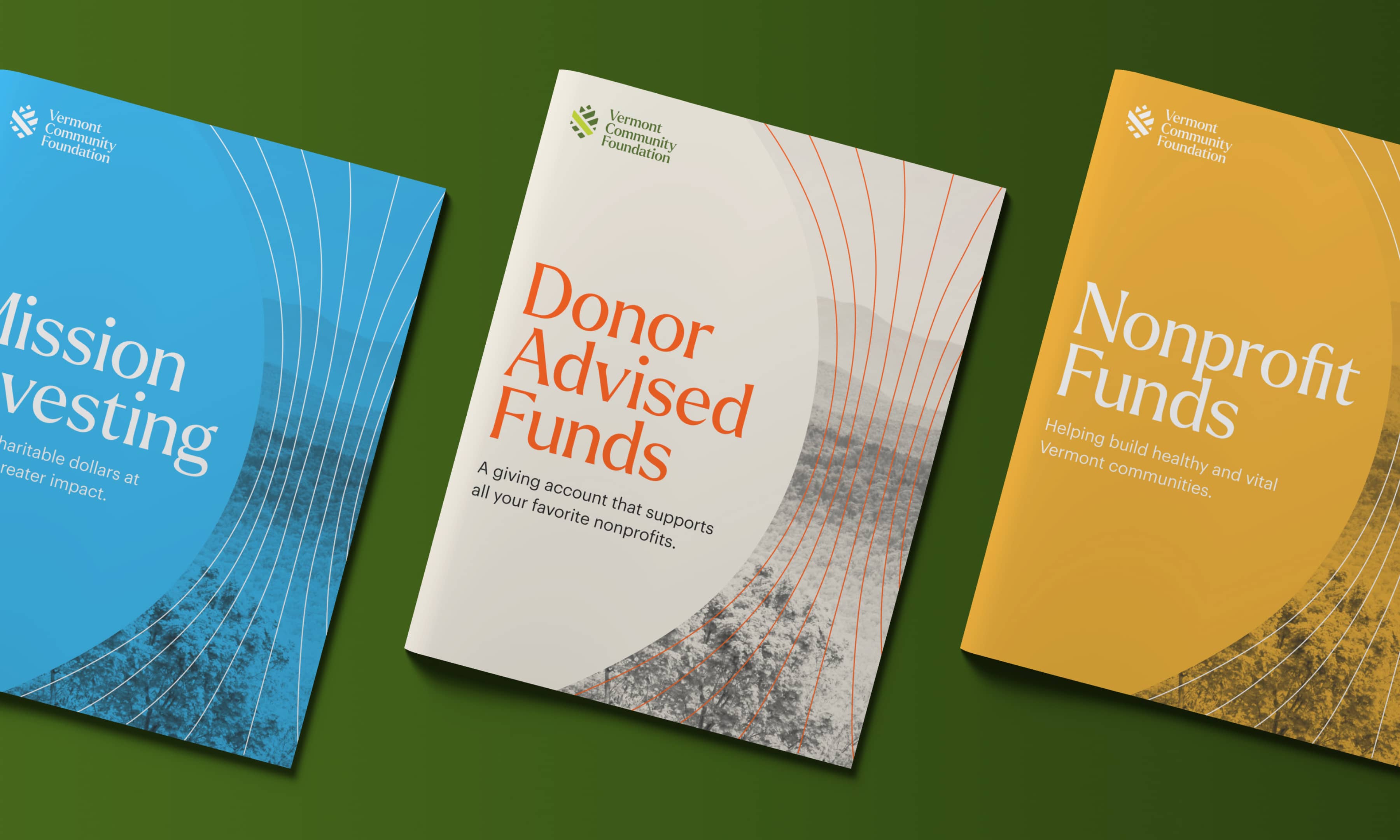 A series of branded brochure designs created for Vermont Community Foundation