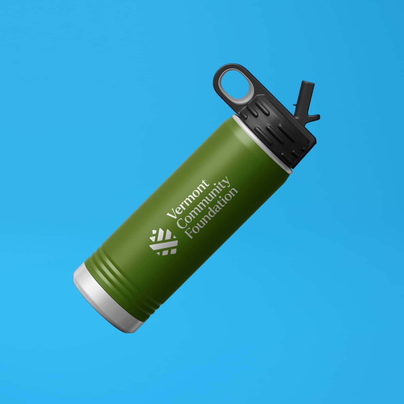 A new visual identity created for Vermont Community Foundation on a water bottle