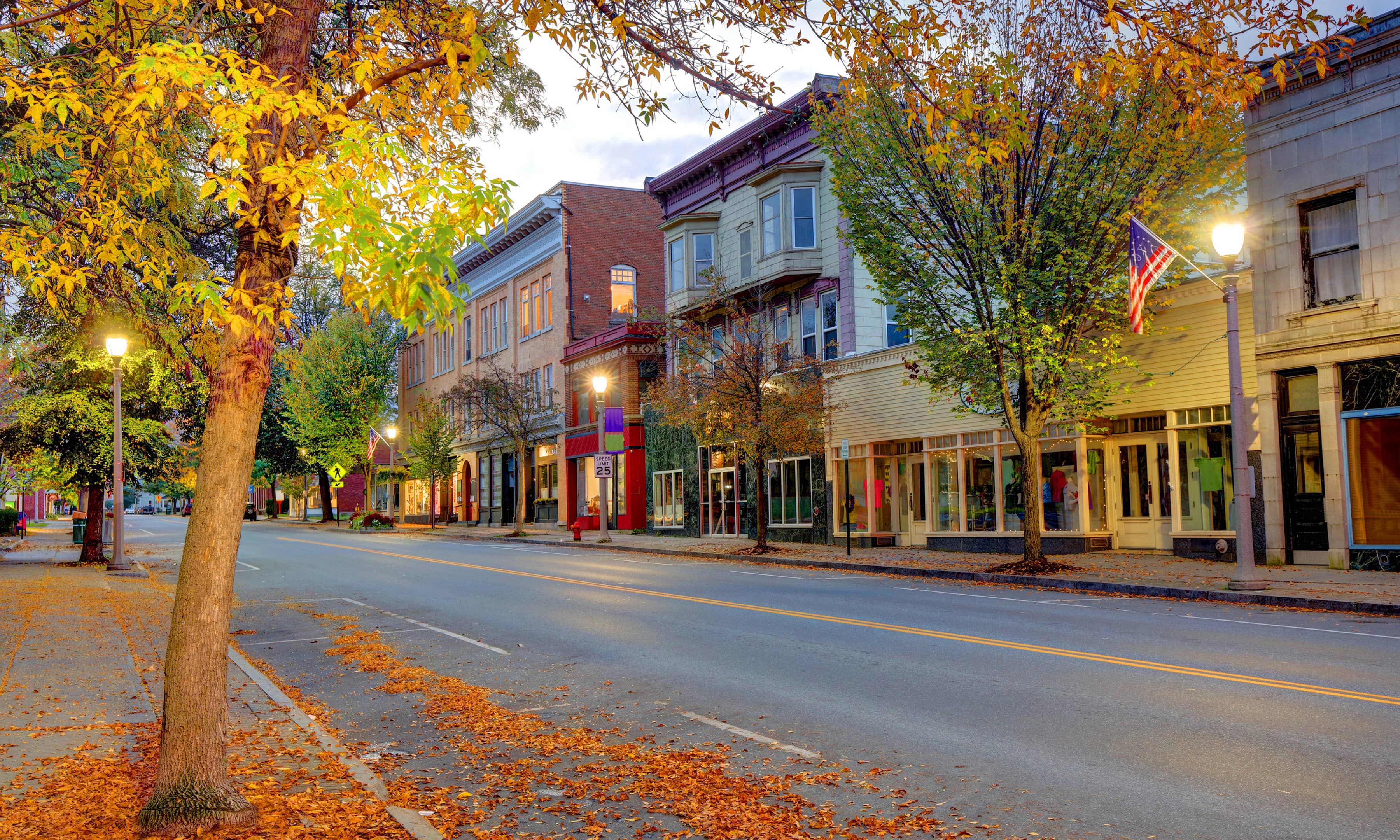 A scenic view of a street in downtown Bennington, VT