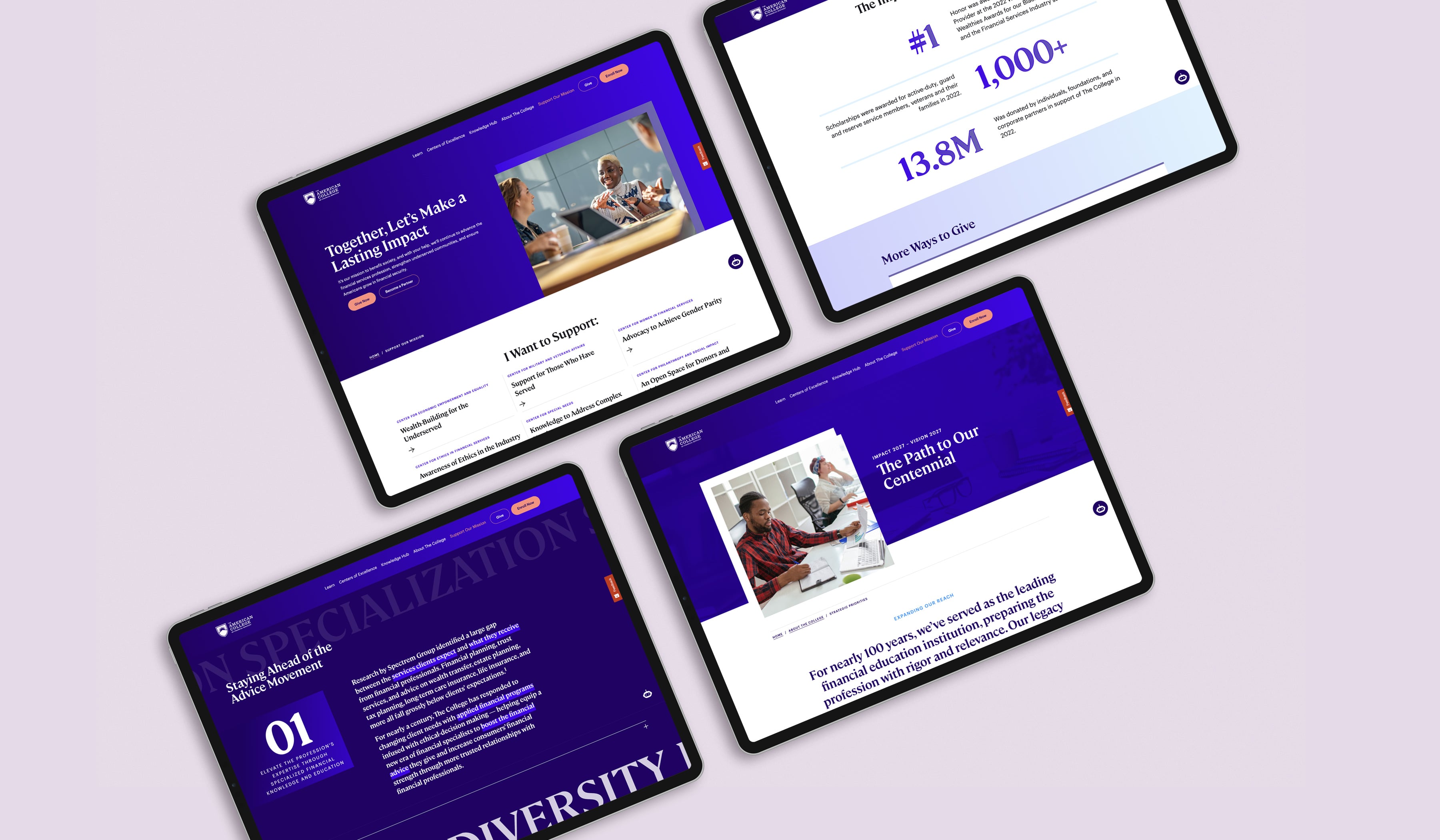 website design for American College of Financial Services on tablet