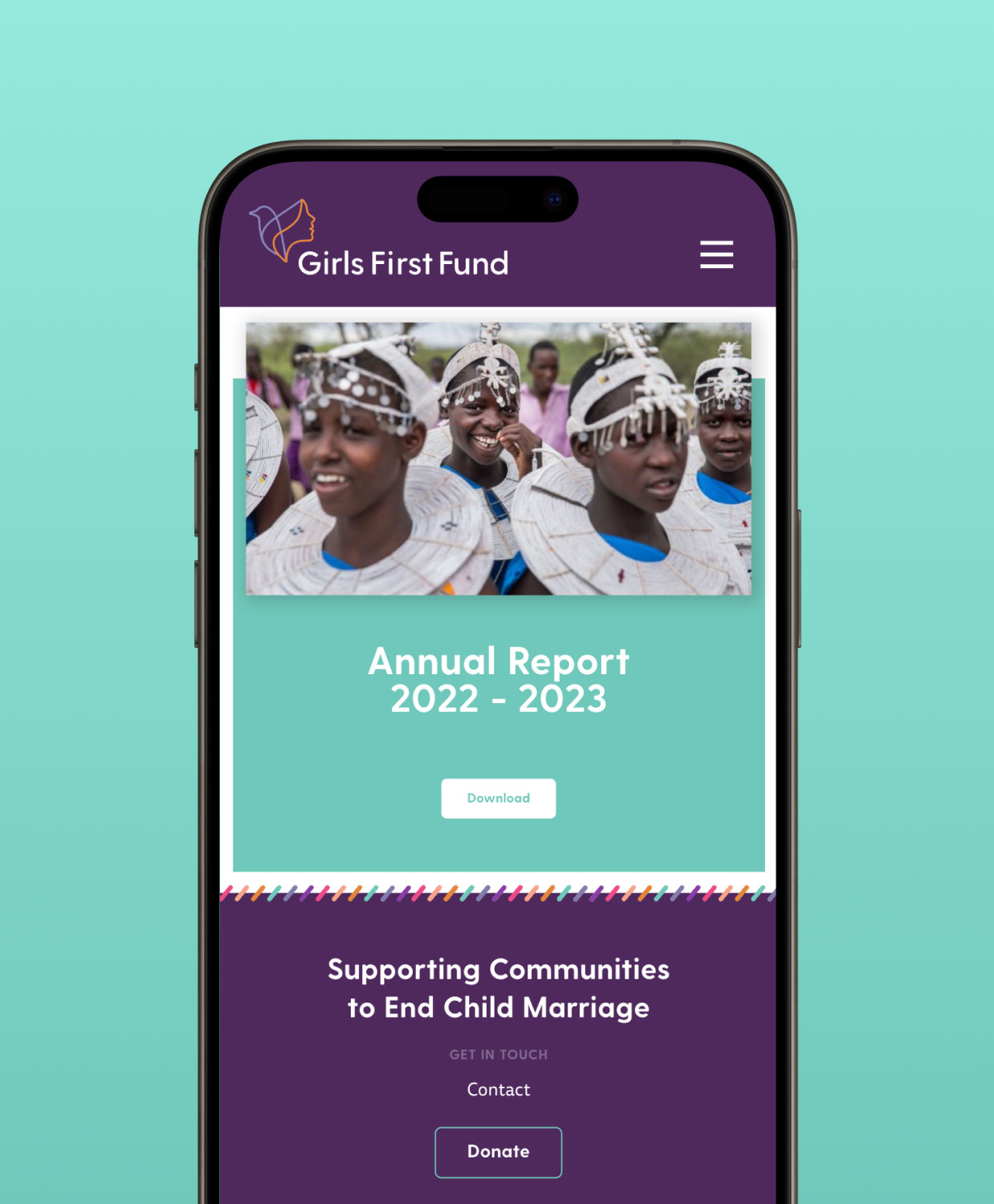 Girls First Fund nonprofit responsive web design - annual report page in a mobile mockup