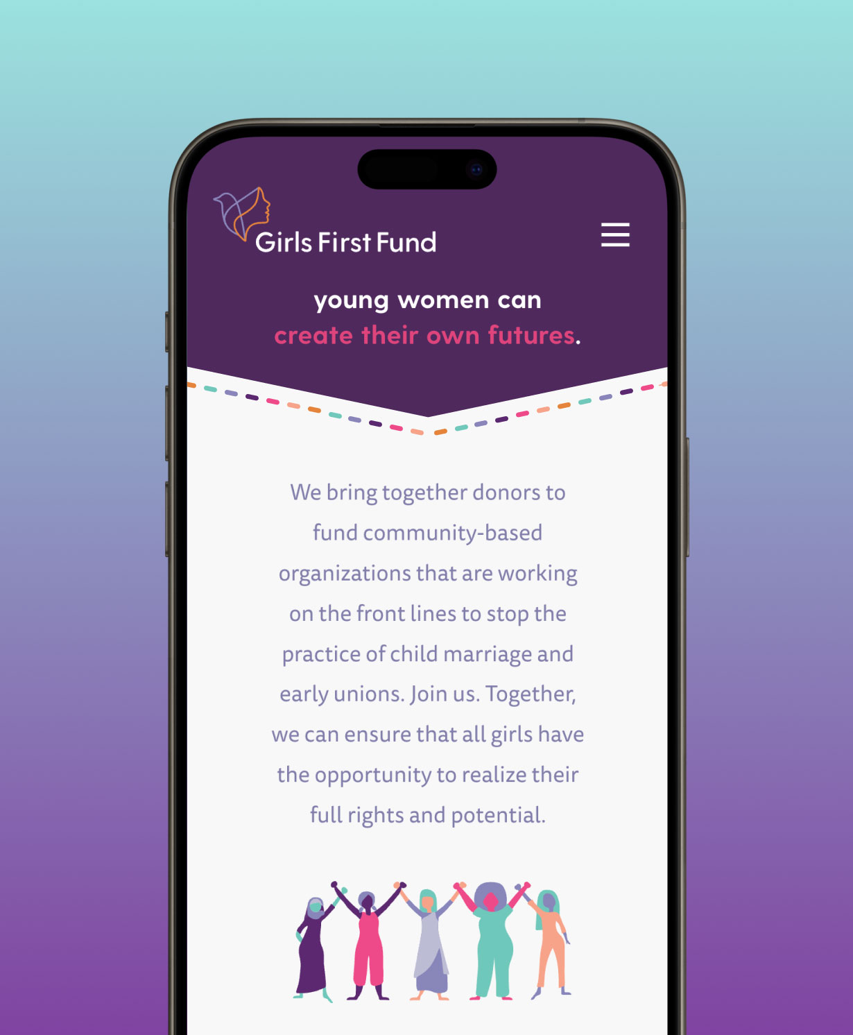 Girls First Fund nonprofit responsive web design - homepage illustration in a mobile mockup