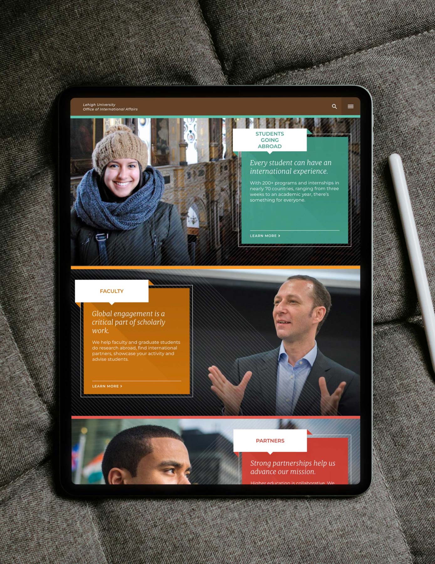 LOIA education web design homepage in a tablet mockup