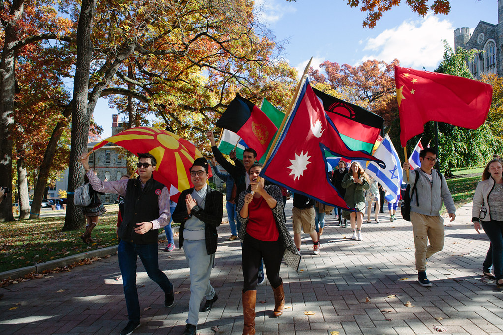 International students wave flags on Lehigh's University campus