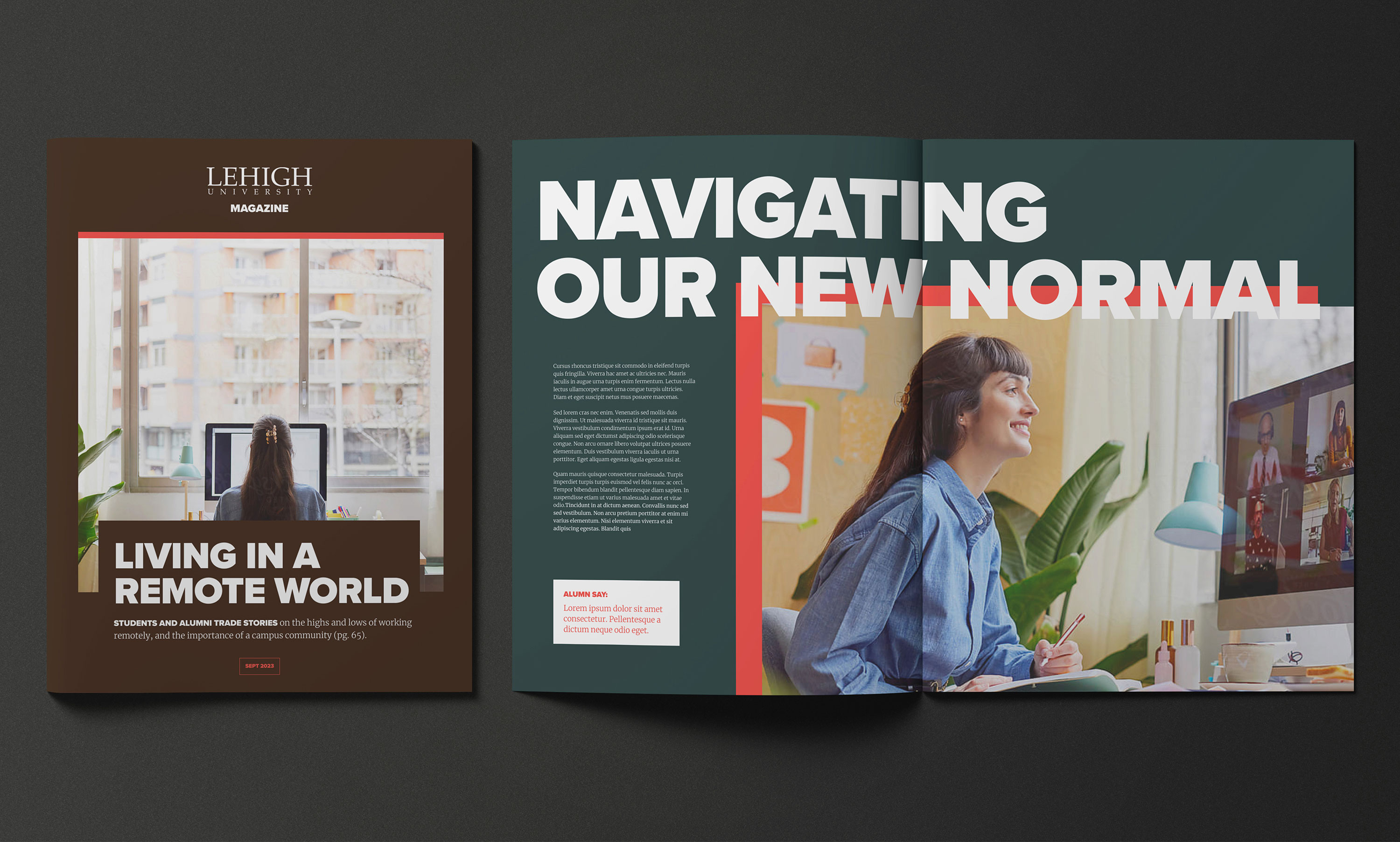 Flat layout print design for Lehigh University Alumni Magazine