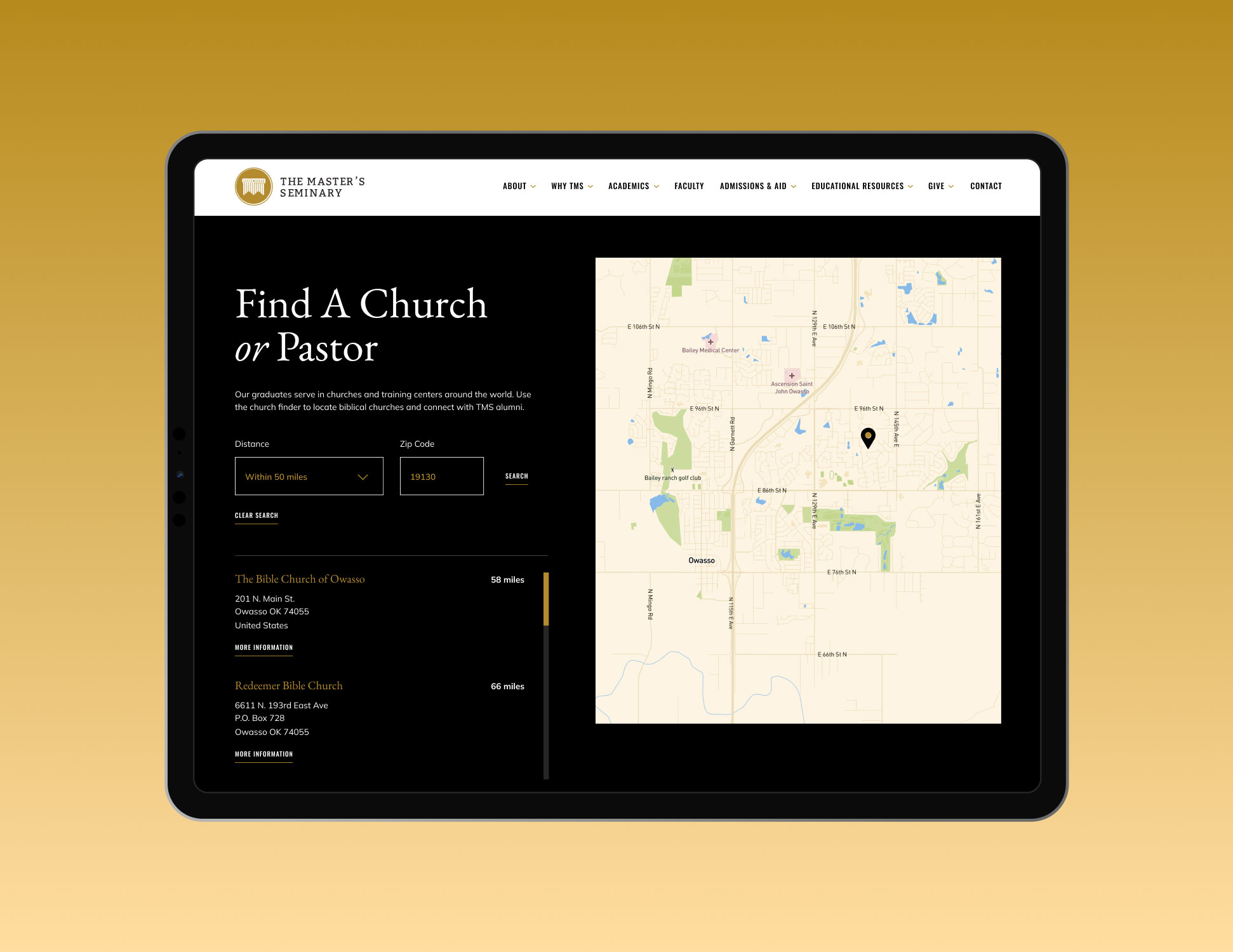 TMS education responsive web design - find a church page in a tablet mockup