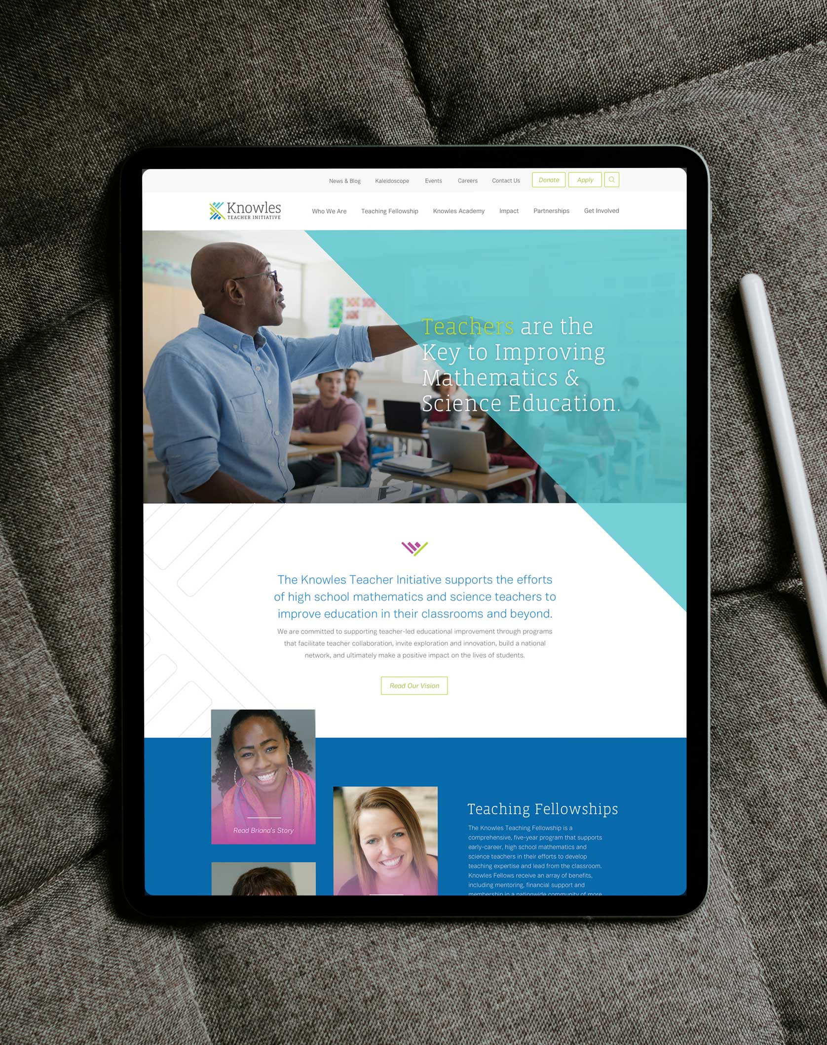 Knowles teacher initative responsive website design homepage in a tablet mockup