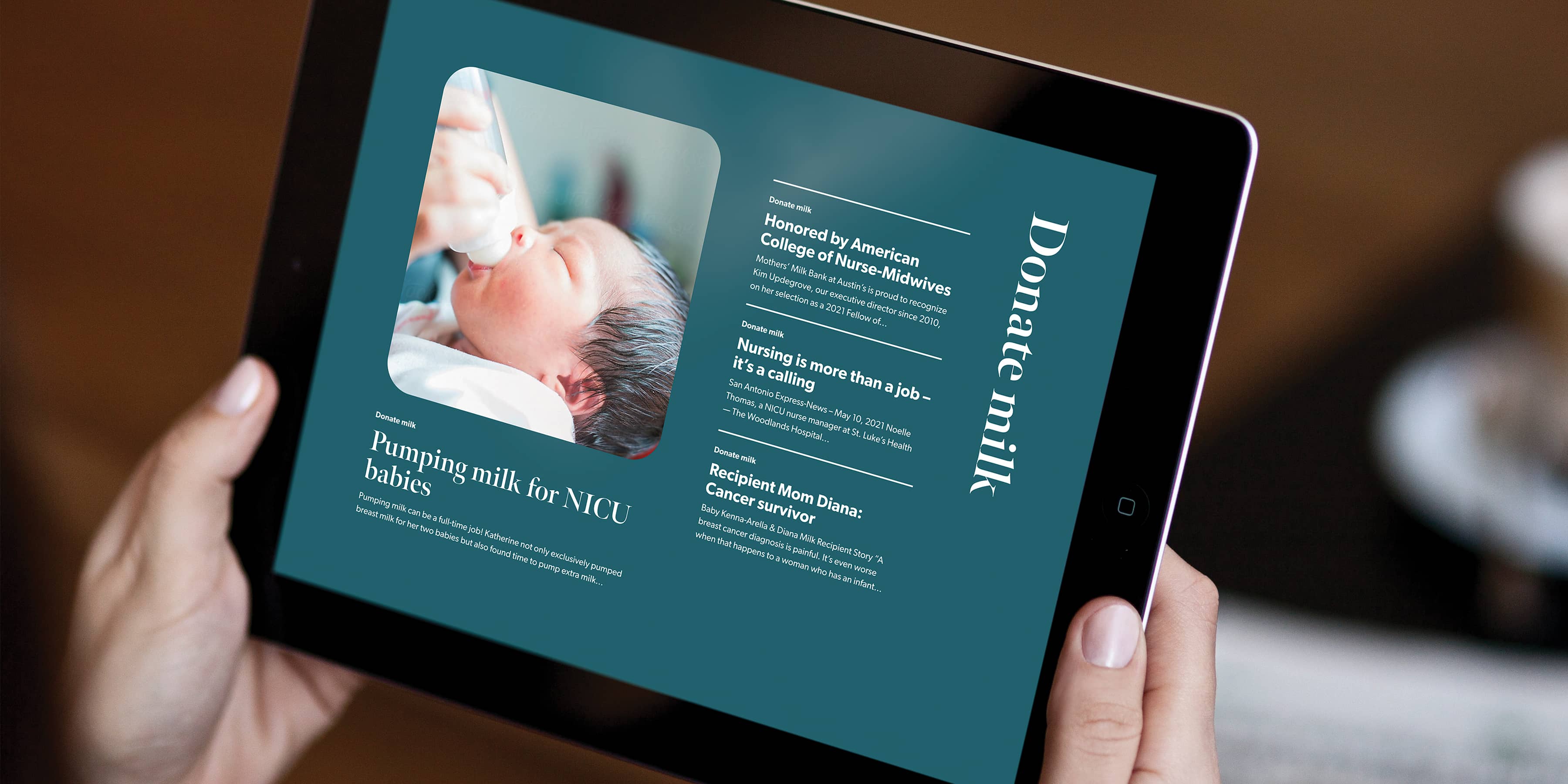 nonprofit website design for mothers milk bank in Austin, Texas on tablet