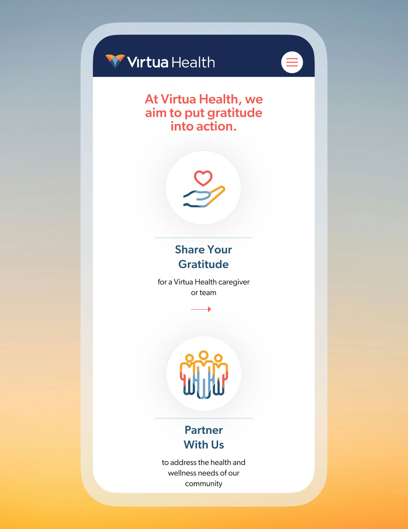 Virtua Health foundation responsive web design homepage icons in mobile