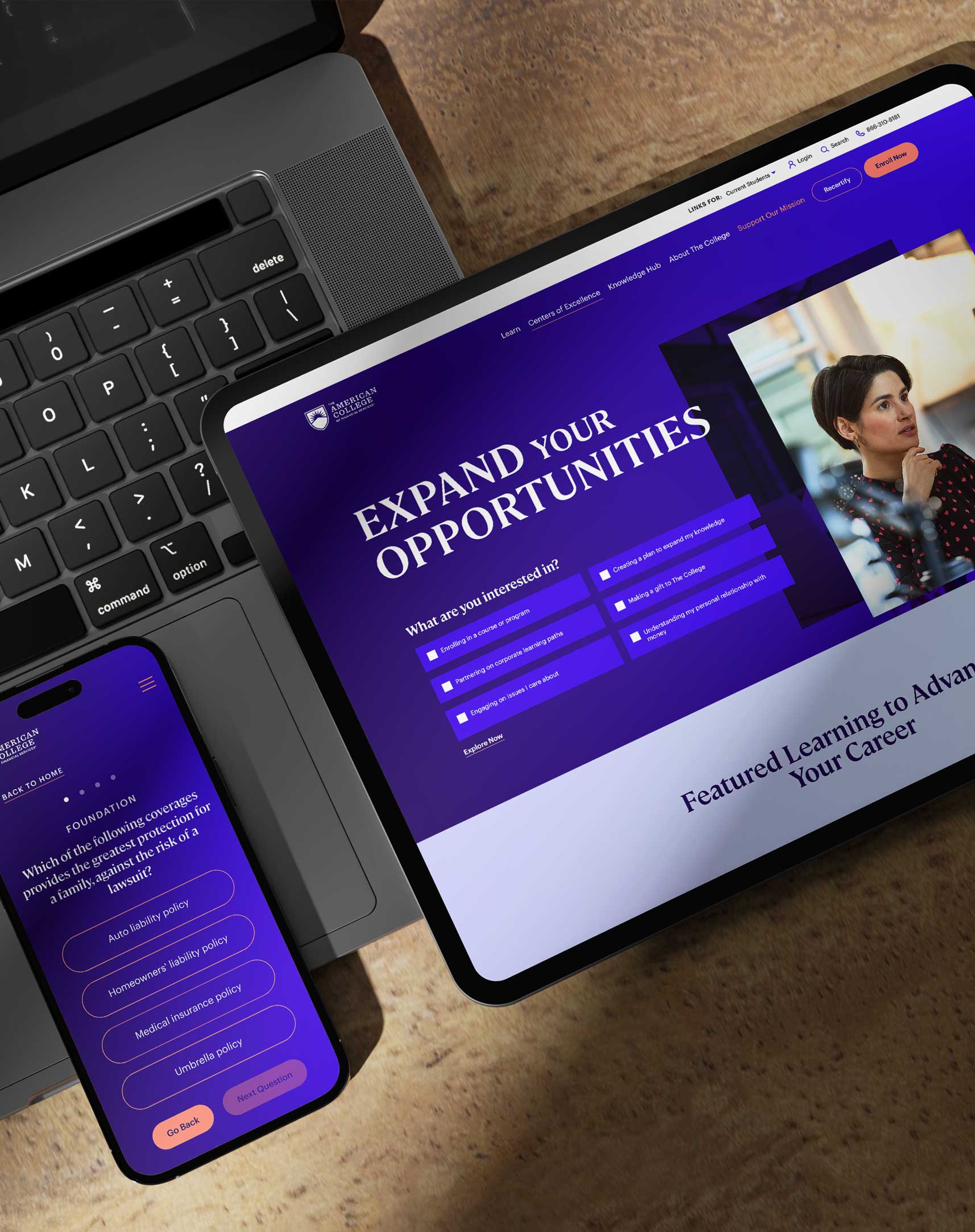 ACFS higher education responsive design pages in a tablet and iPhone mockup