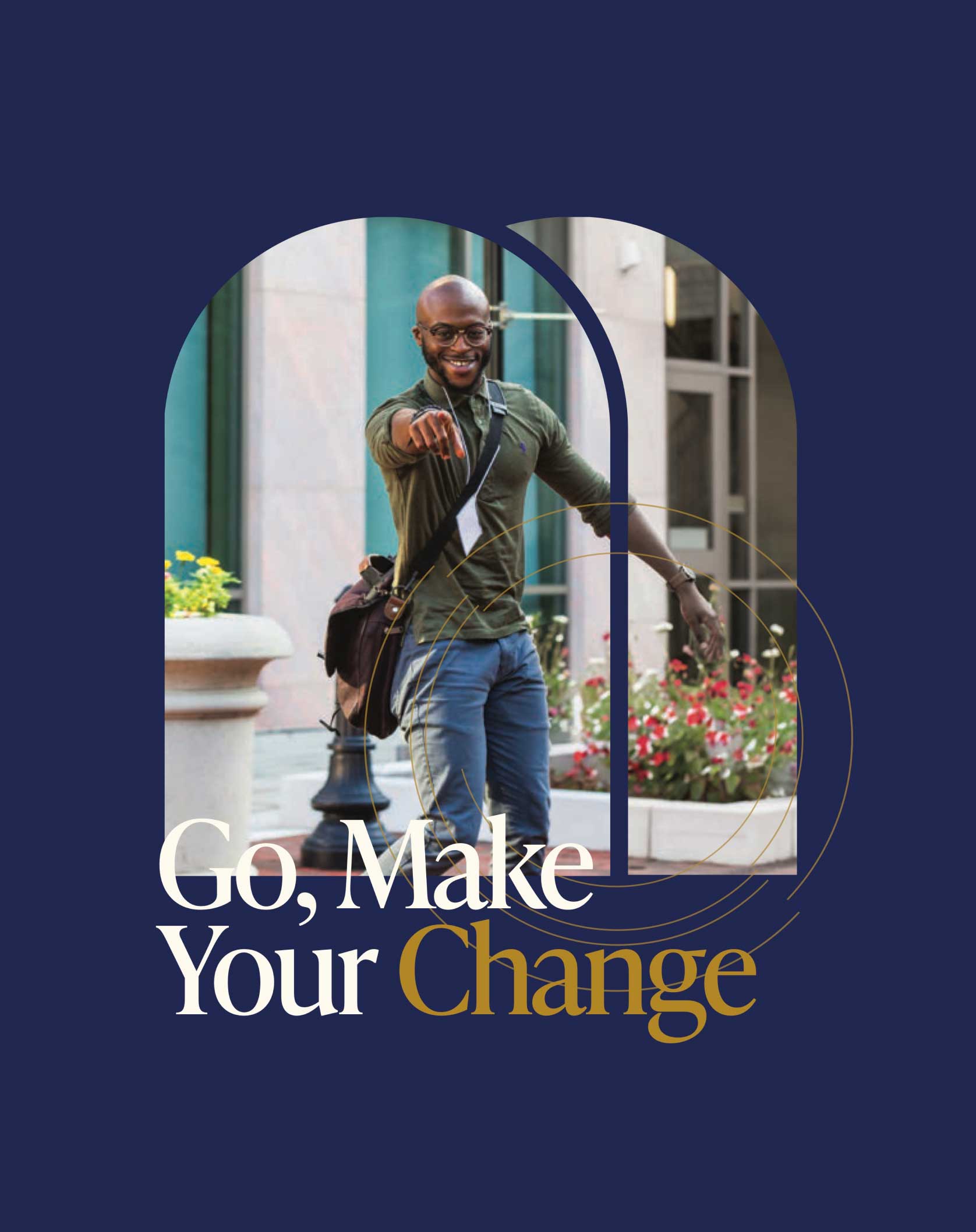 Candler higher education graphic elements with an image inside, featuring the phrase 'Go, Make Your Change.'