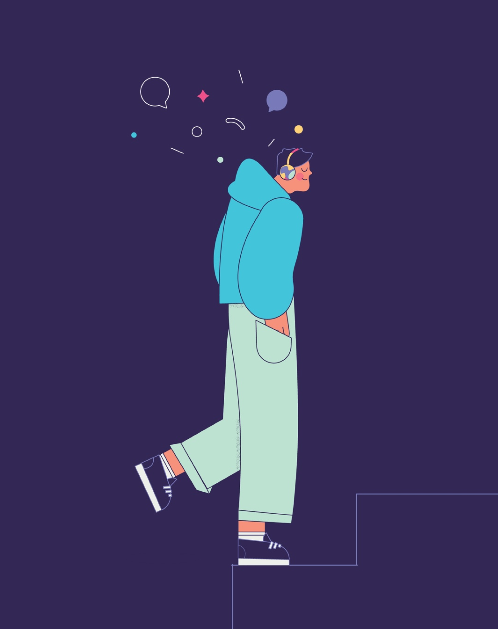 Headsup illustration of a man listening to music while climbing stairs.