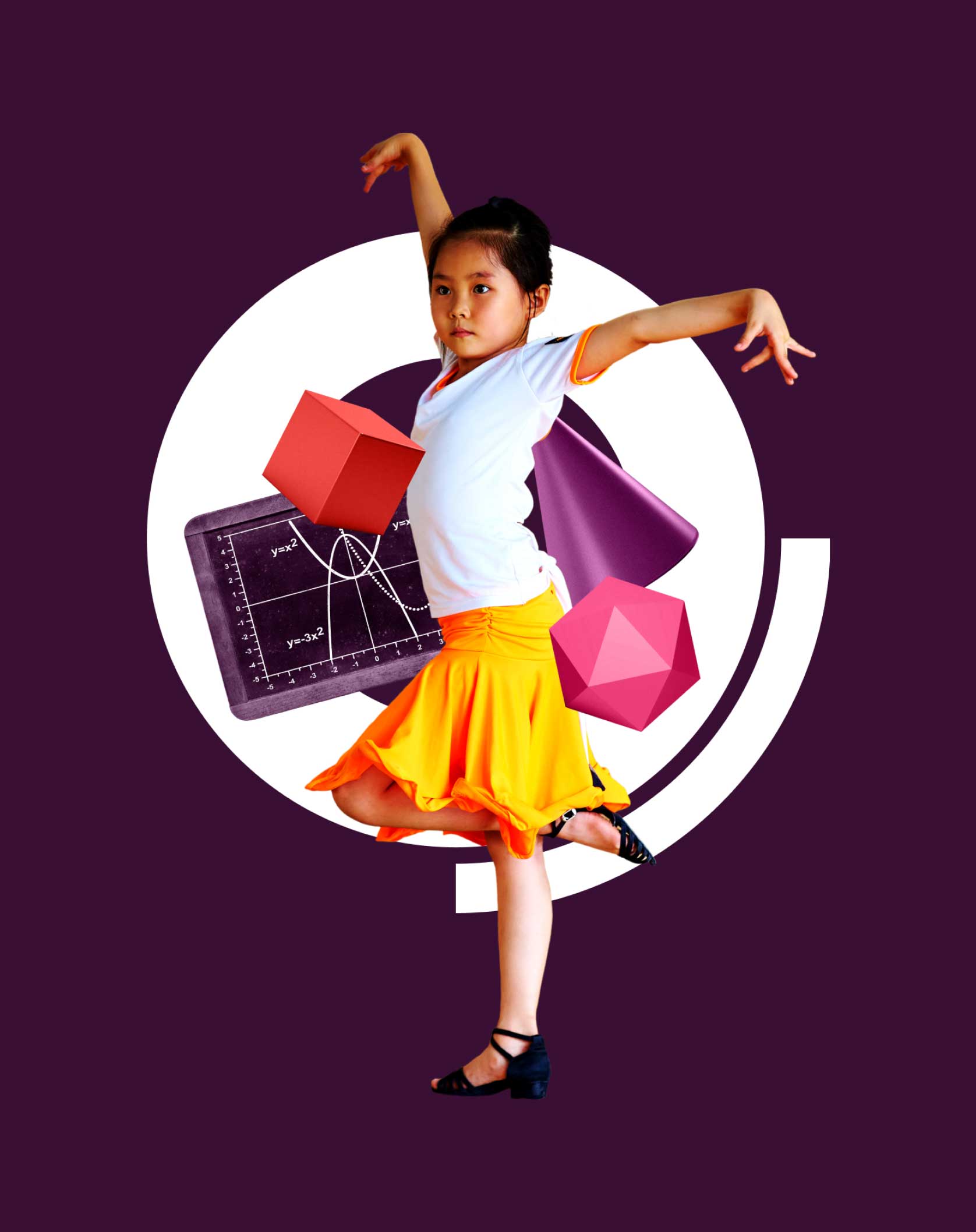 OnCourse graphic elements with a girl in a yellow skirt in the center