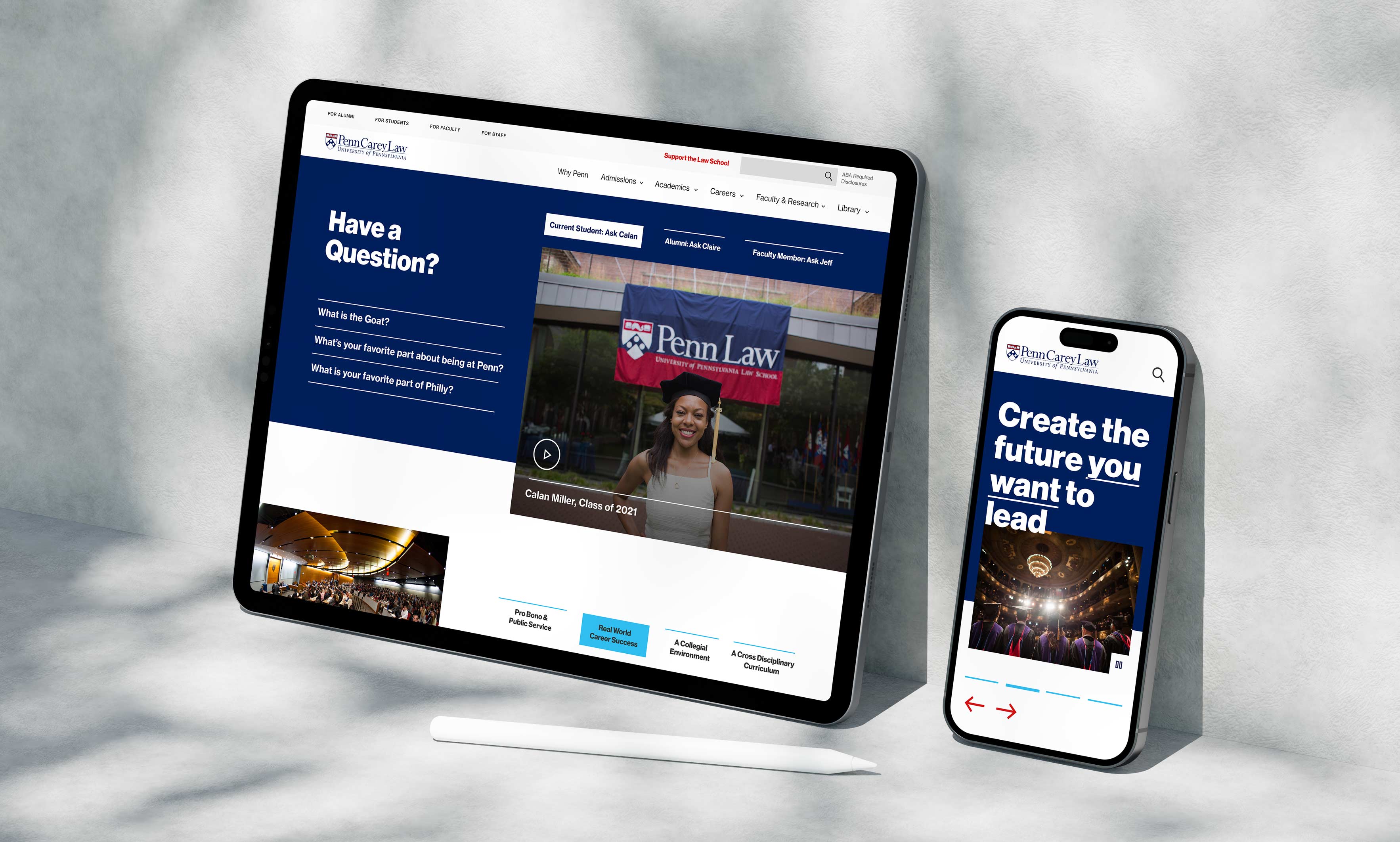 Penn Law responsive website design in a tablet and an iPhone mockup
