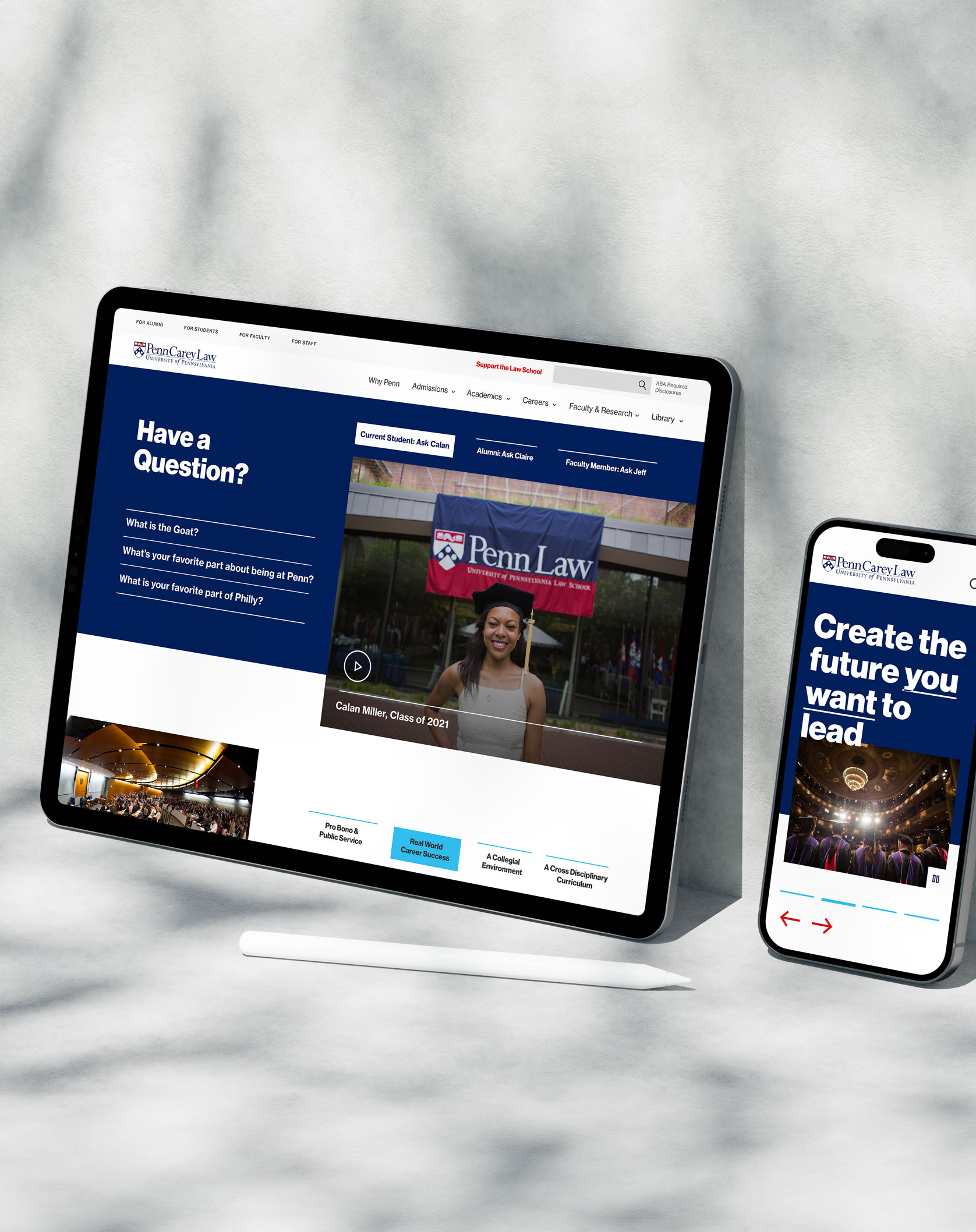 Penn Law responsive website design in a tablet and an iPhone mockup