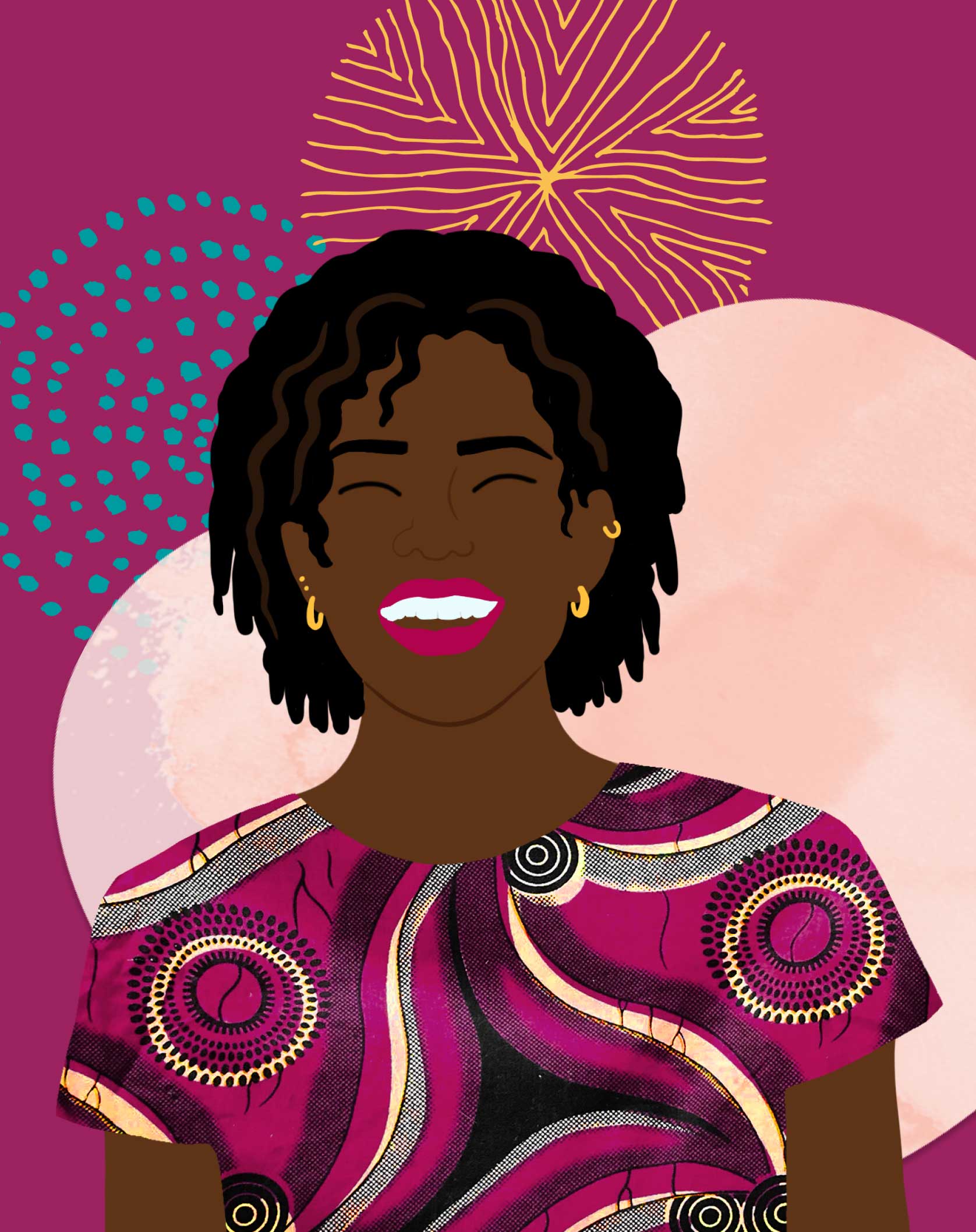 Raising Voices illustration - a woman smiling with background patterns