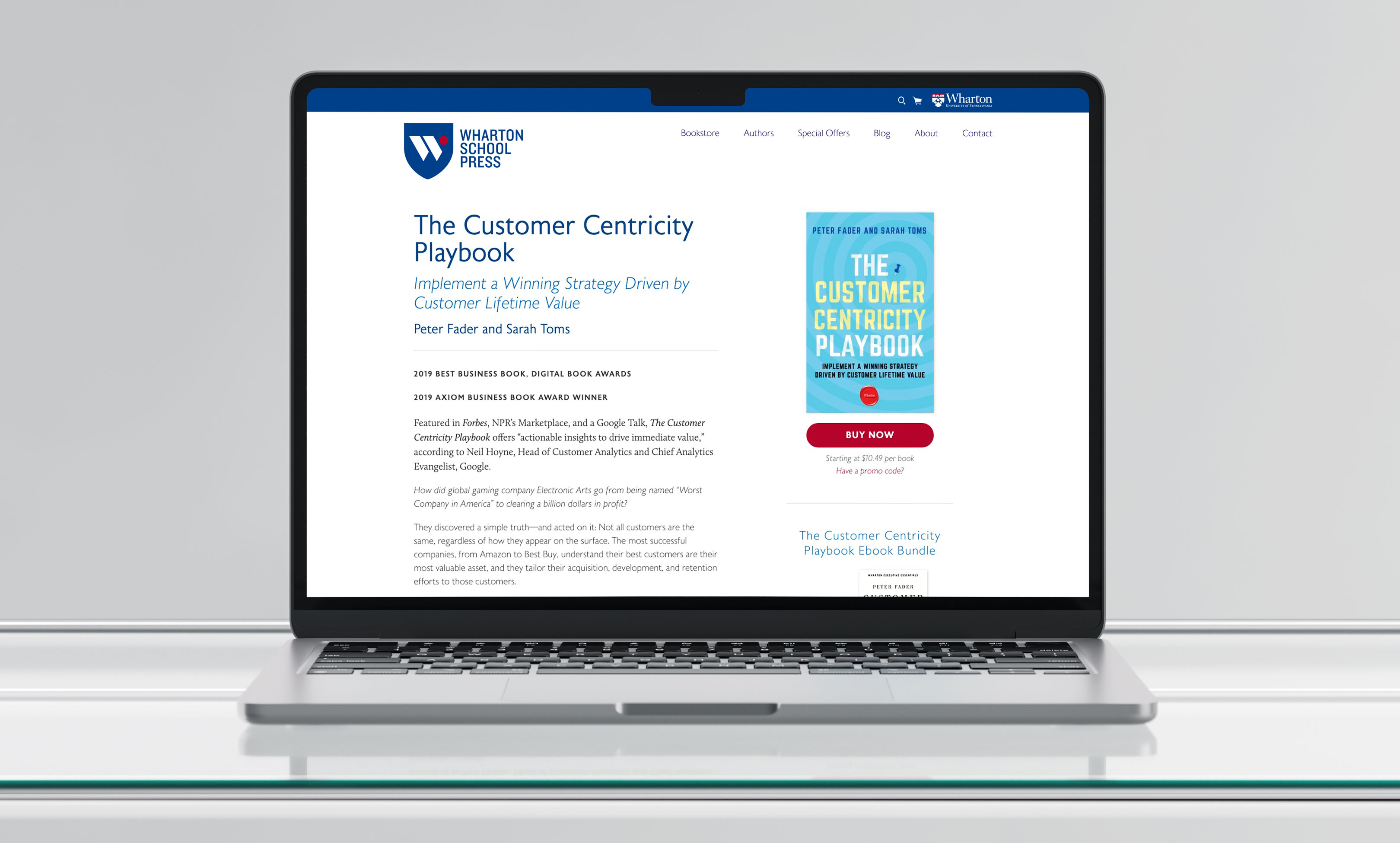 Wharton school press responsive higher education website design book detail page in a laptop mockup