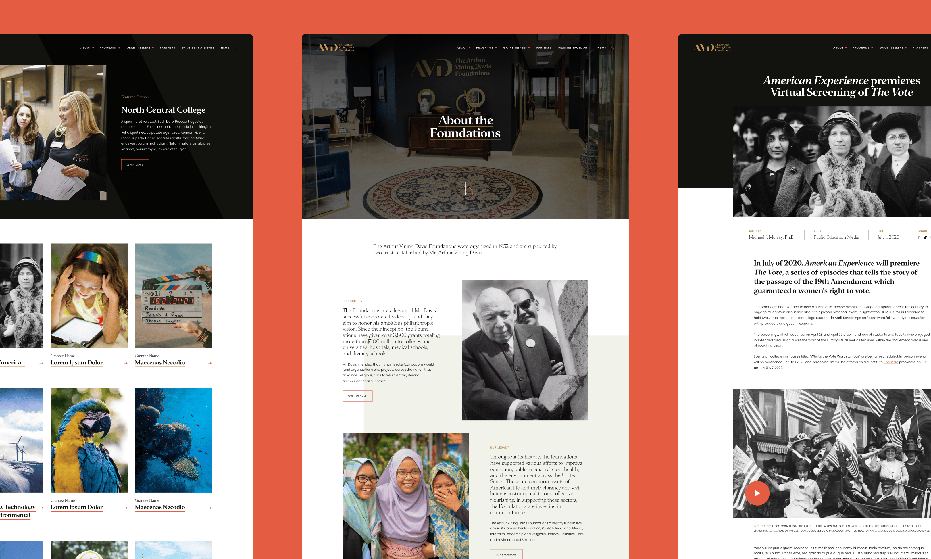 Arthur Vining Davis foundations website design page layouts