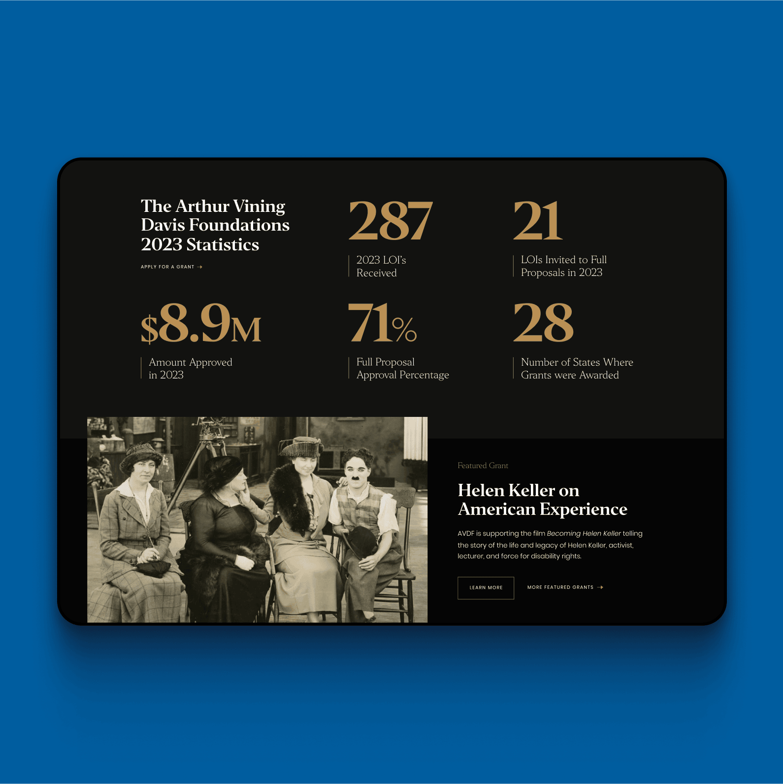 Arthur Vining Davis foundation website design data impact statistics