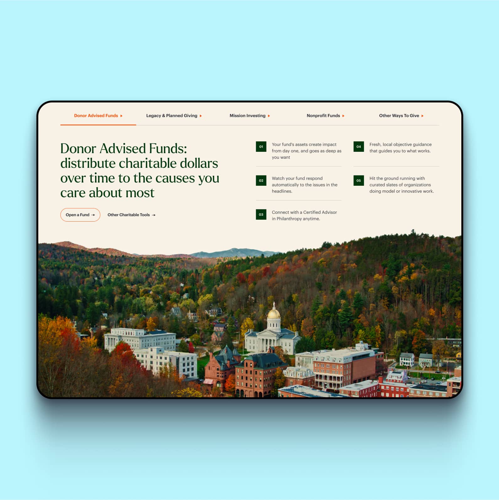 Responsive web design for Vermont Community Foundation mocked up on a tablet